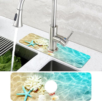 Beach Dish Drying Mat for Kitchen Sink Starfish Coral and Seashell Splash Guard