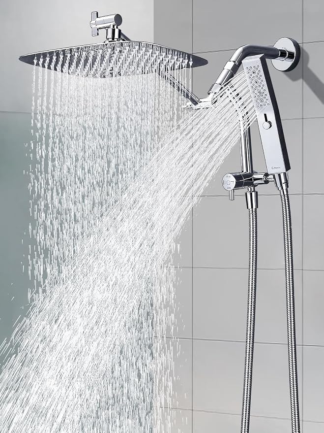 G-Promise All Metal 12 Inch Rain Shower Head with Massage Mode Handheld Spray Combo, 3-Way Diverter with Pause Setting, Full Body Coverage, Modern Bathroom Upgrade (Chrome)