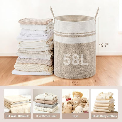 Tall Laundry Basket with Handles, 100L Portable Dirty Clothes Hamper, Boho