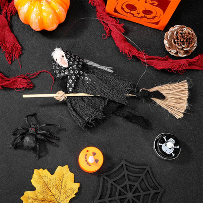 DIYEAH Halloween Witch Doll Decor with Broomstick for Indoor Outdoor Party Decoration, 9.44 Inch Grey Hanging Witch Figurine with Red Accents