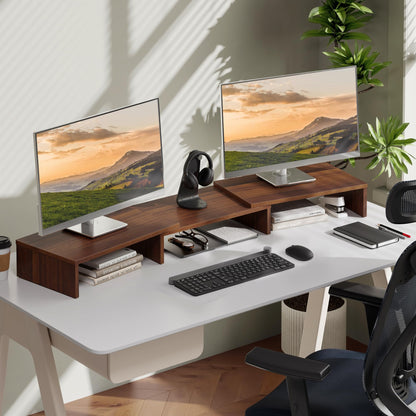 FITUEYES Dual Monitor Stand – 3 Shelf Computer Monitor Riser, Wood Desktop Stand with Adjustable Length and Angle, Desk Accessories, Office Supplies Medium Brown, DT108002WB