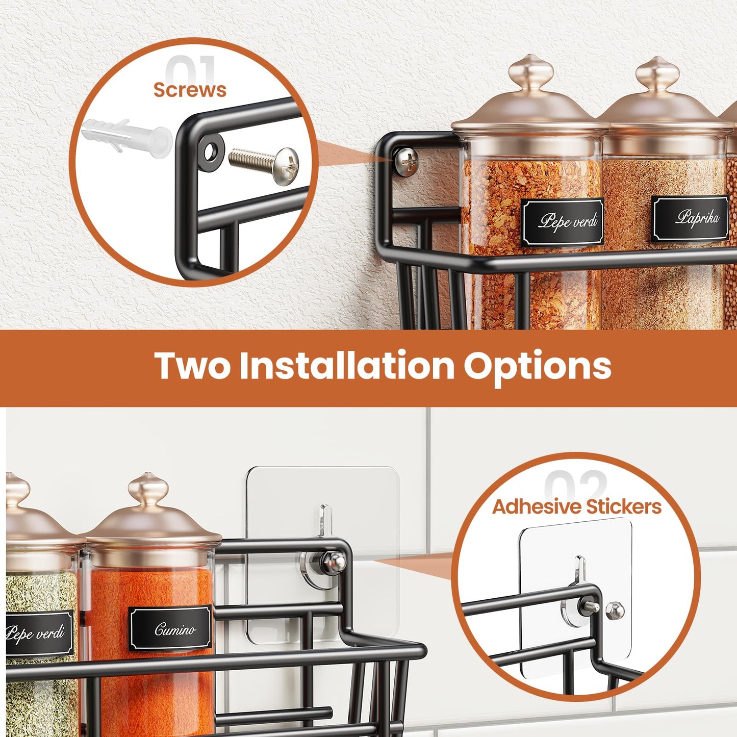 5 Pack Spice Rack Seasoning Organizer Wall Mount, Screw or Adhesive Hanging Shelf Basket Spice Organizer Shelf for Kitchen, Black