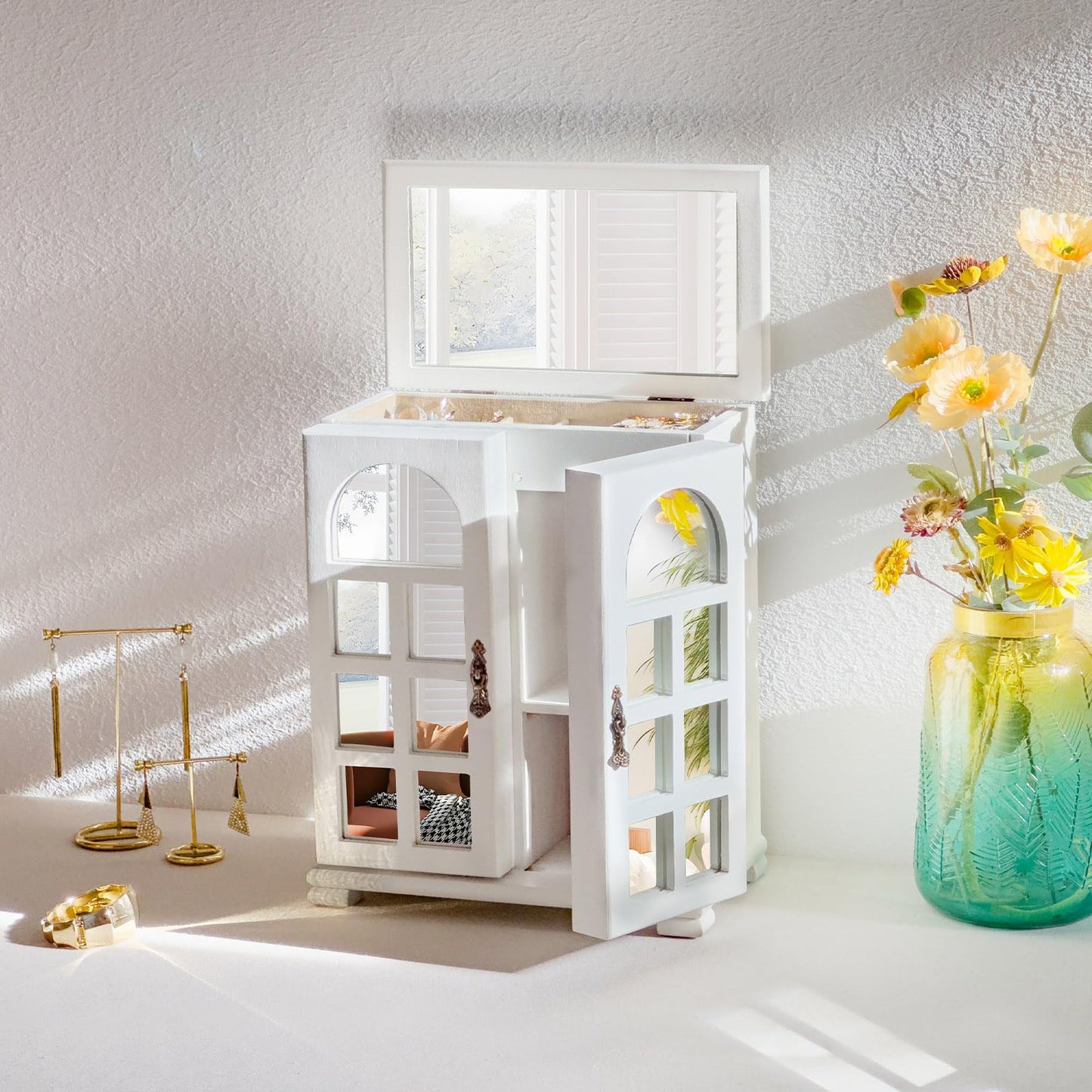 SINGBLA Jewelry Box Organizer, Farmhouse Wooden Jewelry Boxes for Women Girls, 6 Layer Jewelry Case Storage with Bracelet Holder Display Hooks for Necklaces Earrings Rings Bracelets (Weathered White)