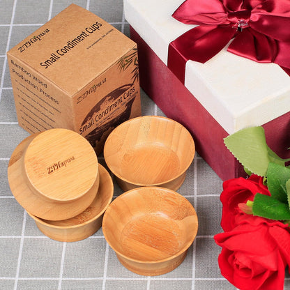 ZTHapwa Mini Bamboo Bowls, 2.2 OZ Soy Sauce Dish for Salsa/Dipping, Natural Bamboo Wooden Pinch Bowls for Snack/Fruit/Candy, Condiments Serving Bowl Set of 4