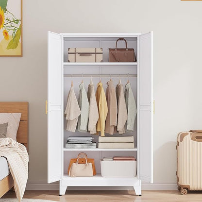 GAIOUS Metal Wardrobe Cabinet with Hanging Rod, Clothing Storage Cabinets | with 2 Doors and Adjustable Shelves, 71" Metal White Armoire Wardrobe Closet for Bedroom, Laundry Room, Cloak Room
