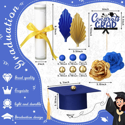 Jingmore Graduation Cake Kit Included Felt Graduation Cap Diploma Classic Black Congrats Grad Cupcake Toppers Beads Leaf Flowers Cake Decorations for Class of 2026 Party(Blue and Gold)