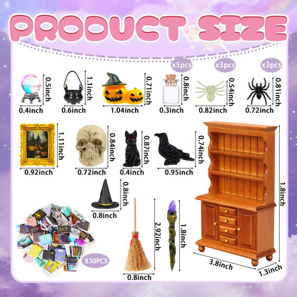 Rileryan 53 Pcs 1:12 Scale Magic Witchy Mini House Kit Halloween Miniatures Accessories Wooden Furnitures Bookshelf Bookcase 30 Mini Books Halloween Decoration