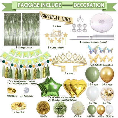 Guudmua 222 Pcs Sage Green Happy Birthday Decorations, Birthday Decorations for Women or Girl Kit- Disposable Dinnerware Set with 25 Guest, Balloons, Sash, Tiara, Banner, Paper Pom Poms