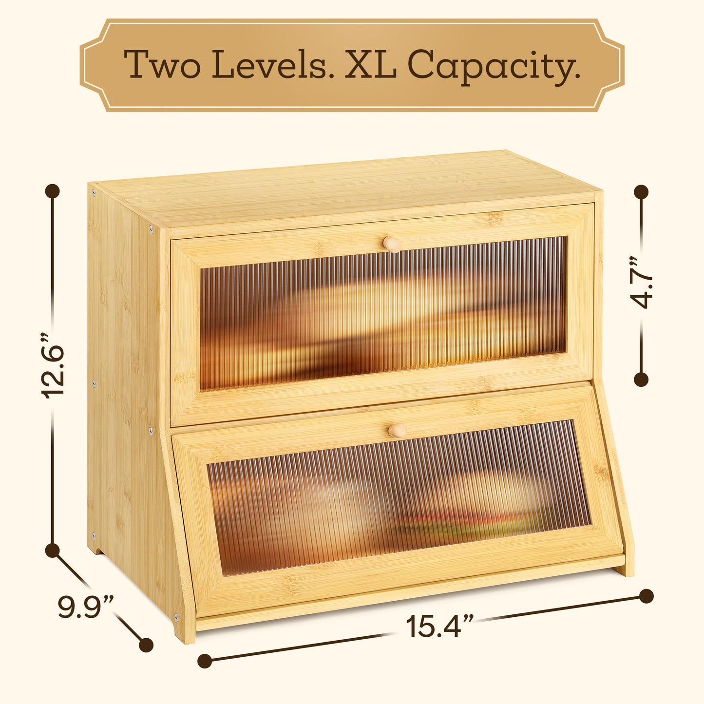 Boulora Large Bread Box for Kitchen Countertop - Bamboo Wooden Bread Box, Vintage Breadbox Countertop Cabinet, Double-Layer XL Sourdough Holder, Ventilated Clear Windows, Cutters & Sealers