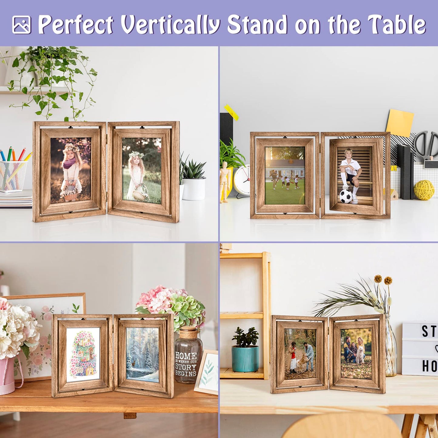 Emfogo 5x7 Picture Frame Rustic Wood Hinged Folding Double Photo Frame, Double Sided Display Rotatable High Definition Glass Collage Picture Frames Vertically on TableTop (Carbonized Black)