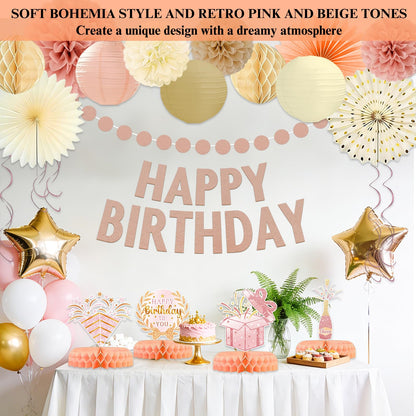 Birthday Party Decorations, Champagne Gold Beige Fall Boho Girl Birthday Decor, Rustic Backdrop Decor Autumn Neutral Retro Happy Banner with Paper Streamers Lanterns, Tissue Pom Poms Fan