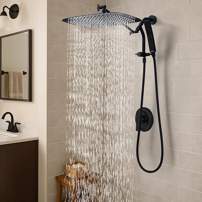 G-Promise All Metal 16 Inch Rain Shower Head with Massage Mode Handheld Spray Combo, 3-Way Diverter with Pause Setting, Full Body Coverage, Modern Bathroom Upgrade (Matte Black)