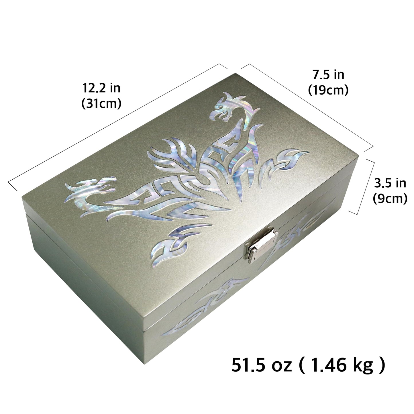 MADDesign Mother of Pearl Watch Box Jewelry Organizer Daily Storage Handmade Tribal Dragon Design (Metallic Silver)
