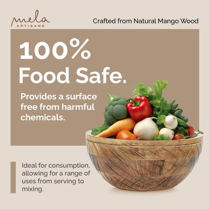 Mela Artisans 9 in Wide x 4 in Tall Mango Wood Bowl with Felt Pads – Hand-Carved Decorative Serving and Fruit Bowl with Light Burnt Finish for Kitchen Counter, Salad, Snacks and Bread