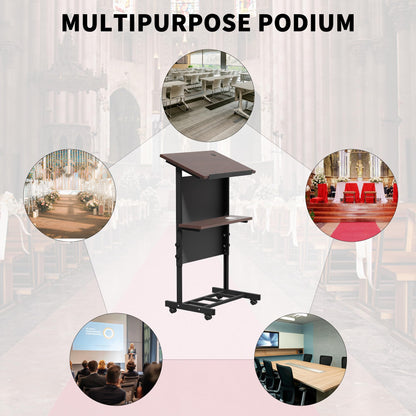 Portable Podium with 7 Adjustable Heights,Podium Stand with Shelf and Cup Holder,Lectern for Seminars,Schools and Conferences (Black)
