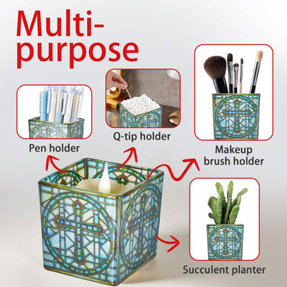 Square Glass Vanity Organizer Religious Cross Altar Ofrenda Qtip Holder Makeup Brush Holder Pen Cup Tealight Candle Holder Table Decor Bronze