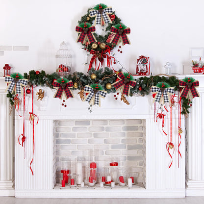 codree 4 Pcs Christmas Burlap Plaid Bows with Pine Cones Pine Needles, Large Christmas Decoration Buffalo Plaid Bows, Xmas Wreath Bow Buffalo Check Bow Ornament for Holiday Crafts Tree DIY Decor