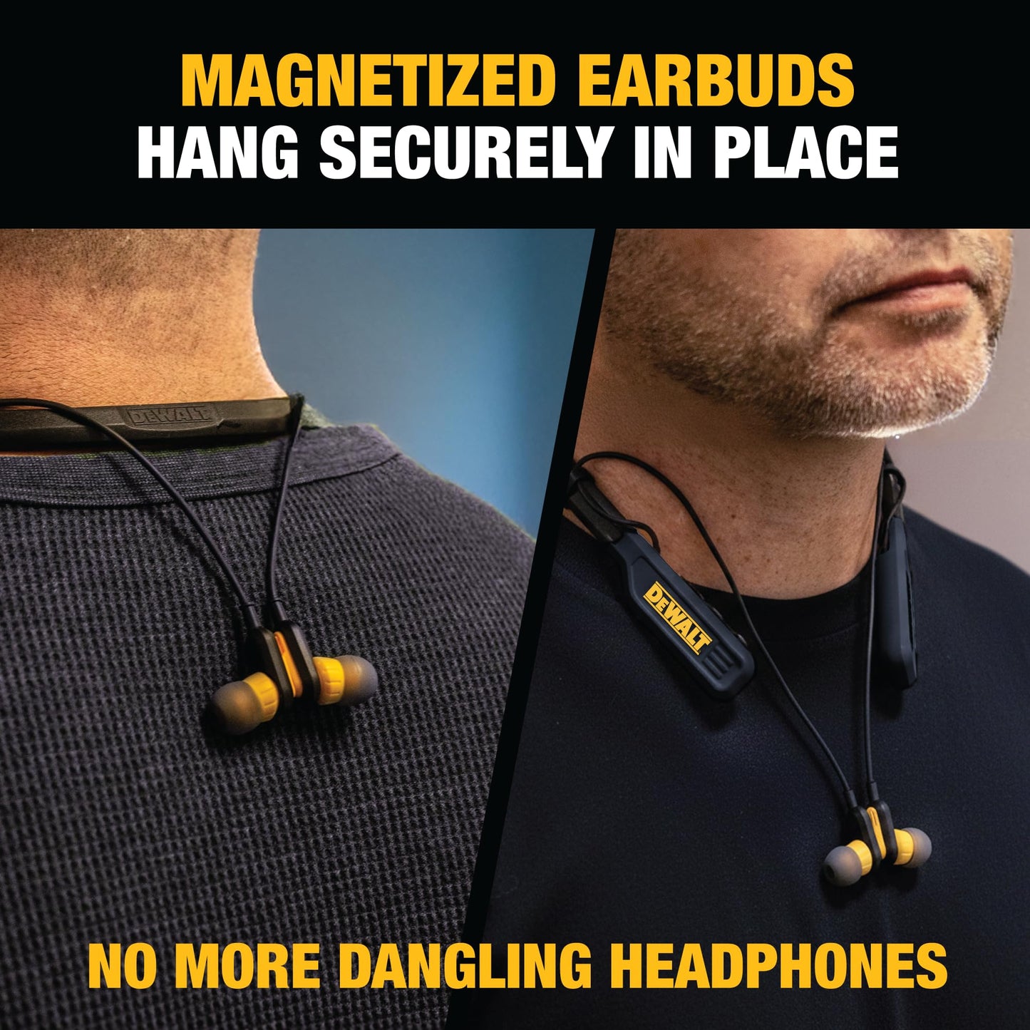 DEWALT Heavy Duty Magnetic Bluetooth Neckband Headphones, Wireless Around the Neck Earbuds w/30H Runtime+Noise Isolation, HandsFree Magnetic Wireless Earphones w/Mic Bluetooth Headsets - Black Edition