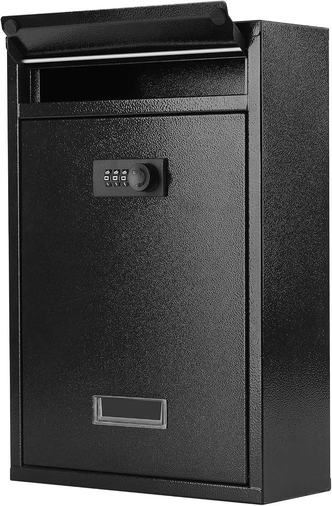 KYODOLED Locking Wall Mount Mailbox, Mail Boxes with Combination Lock for Outside, Security Cash Key Letter Drop Box with Code for House Office School,12.4H x 8.54L x 3.35W Inches, Black