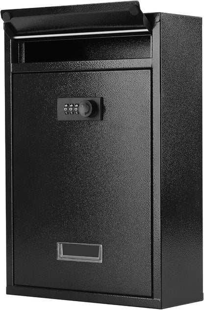 KYODOLED Locking Wall Mount Mailbox, Mail Boxes with Combination Lock for Outside, Security Cash Key Letter Drop Box with Code for House Office School,12.4H x 8.54L x 3.35W Inches, Black