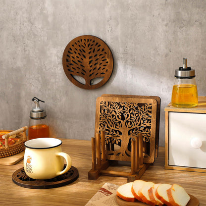 Beeveer 5 Pcs Life Tree Wooden Trivets with Storage Rack Hot Pads Trivets for Hot Dishes Pots and Pans Heat Resistant Mat Set Tea Pot Holders for Kitchen Dining Table(Dark Wood)