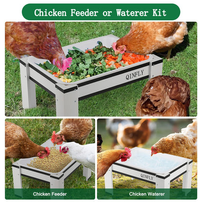 Qinfly Chicken Feeder or Waterer Kit,Ground Wooden Platform Feeders with Removable Plastic Tray for Wild Bird,Bluebird,Chicken