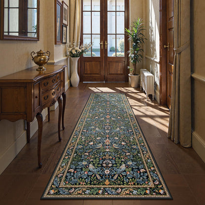 Morebes Floral Carpet Runners for Hallway 8ft Non Slip, Boho Flower Washable Runner Rug 2x8, Botanical Birds Indoor Floor Carpet Runner for Kitchen Laundry Bath Room, Navy Blue