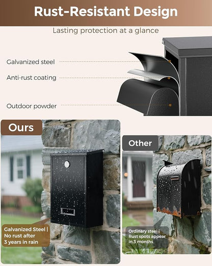LAND·VOI Locking Wall-Mount Mailbox for Outside, with 4 Keys, Galvanized Steel Rustproof Metal Postbox, 3.1" Dx7.5 Wx10.8 H, Includes 3 Sets of Mailbox Numbers, Nameplate, Black, AMB32B