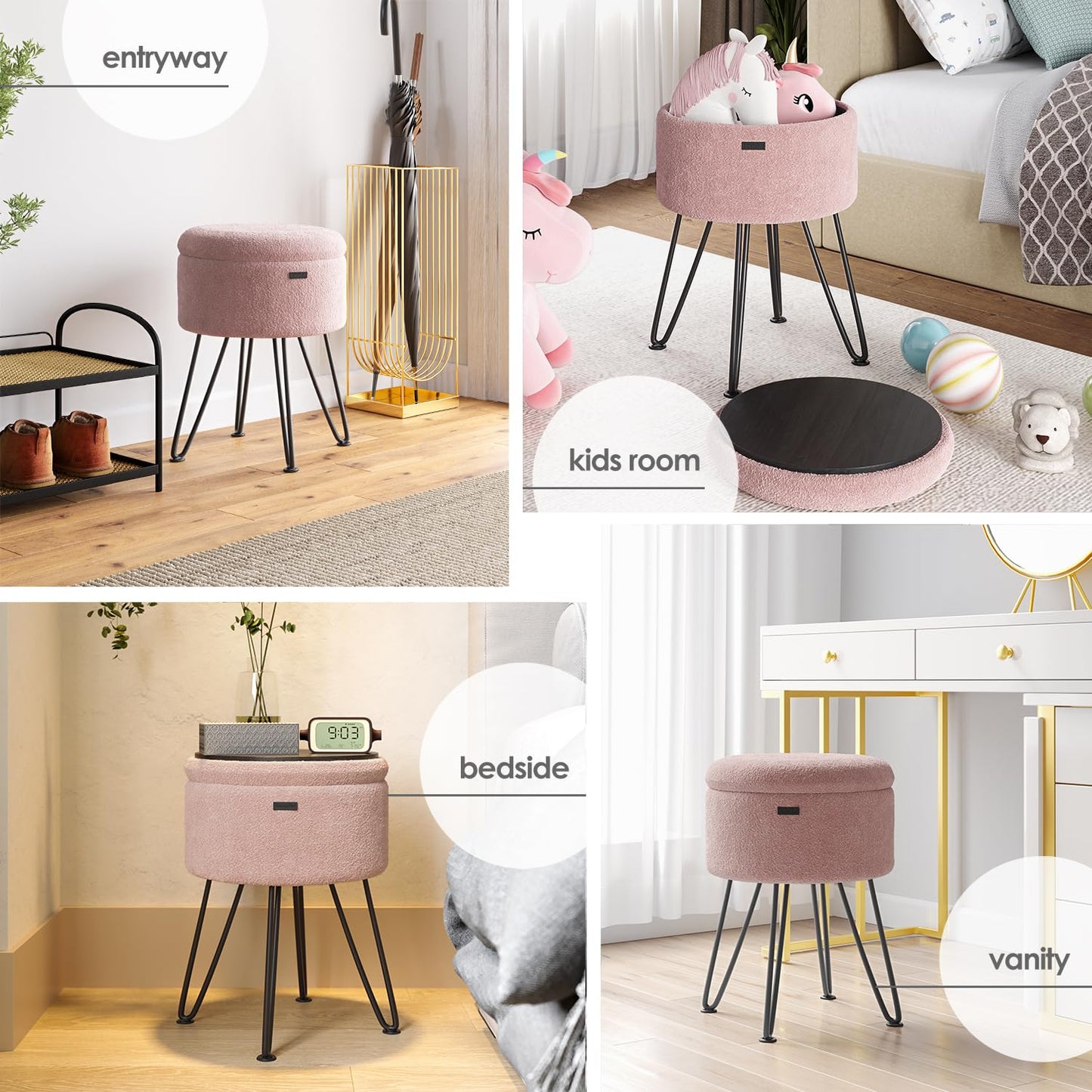 STORAGEBUD Round Ottoman with Storage, Boucle Storage Ottoman, Foot Stool Ottomans, Makeup Vanity Stool, Small Ottomans Foot Rest, Modern Vanity Stools for Living Room and Bedroom, Pink