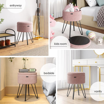 STORAGEBUD Round Ottoman with Storage, Boucle Storage Ottoman, Foot Stool Ottomans, Makeup Vanity Stool, Small Ottomans Foot Rest, Modern Vanity Stools for Living Room and Bedroom, Pink