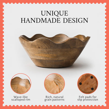 Mela Artisans Set of 2 Scalloped Mango Wood Bowls, 12 in Wide x 4 in Tall and 10 in Wide x 4 in Tall – Hand-Carved Decorative Serving Bowls with Visible Wood Grain