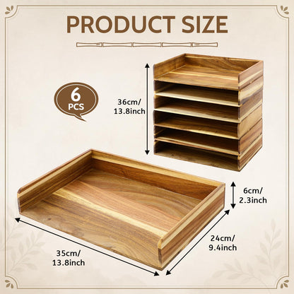 Novabright 6 Pcs Stackable Paper Organizer Tray Acacia Wood Desk Organizer Letter Tray Desktop Letter Size Office Wooden Desk Shelf Paper Holder Folder Organization Rack for File Document (Acacia)