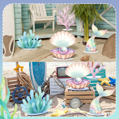 Novabright 4 Pcs Large Mermaid Birthday Decorations Mermaids Photo Booths Props Under The Sea Baby Shower Party Decoration Plastic Clam Shell, Coral, Stand Mermaid Tail Ocean Cutouts Party Decor