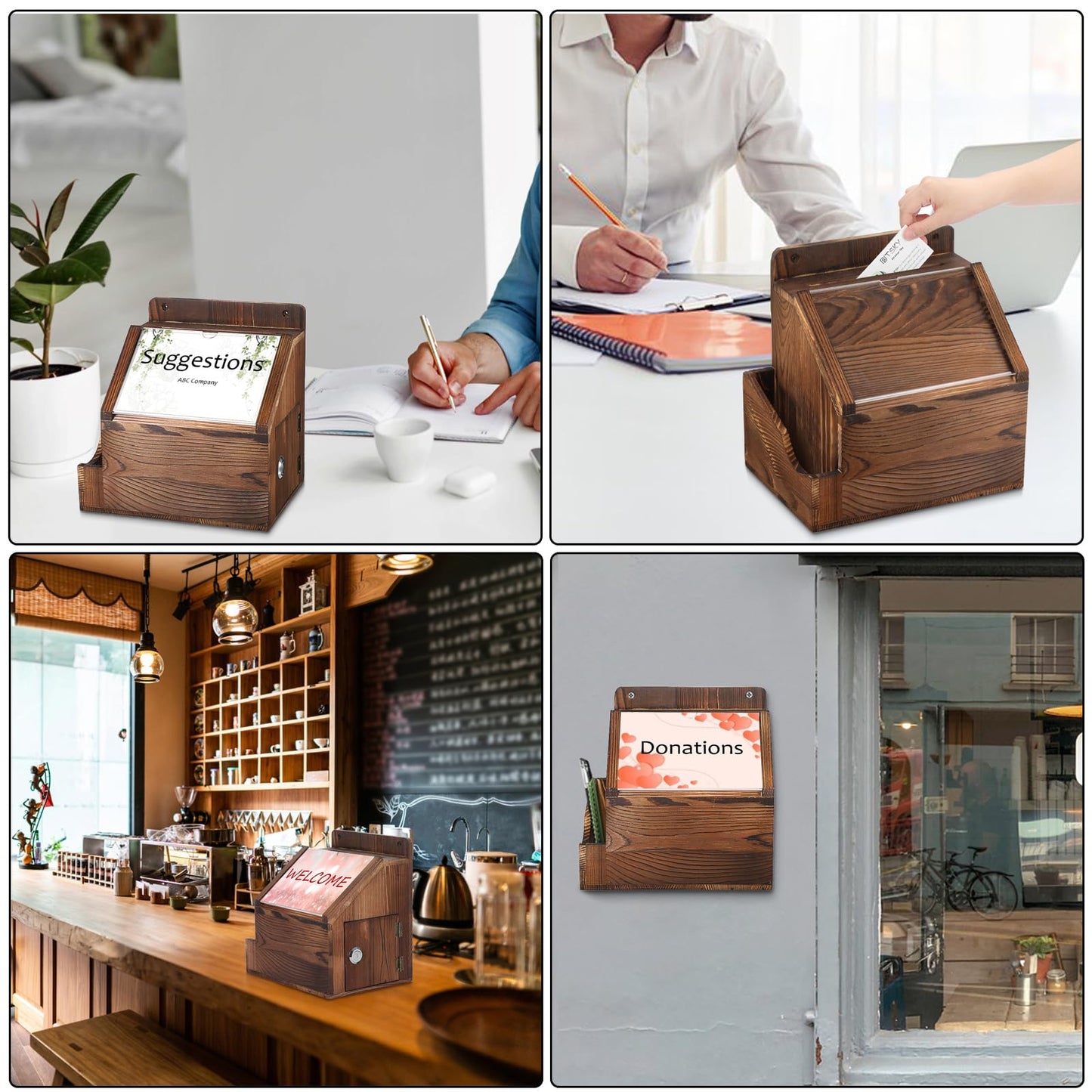 BTSKY Wood Suggestion Box With Lock Wall Mounted Donation Box with 5"x7" Acrylic Sign Slot Office Ballot Boxes with Side-Pocket Collection Boxes for Voting Locking Mailbox Suggestion Comment Box, Wood