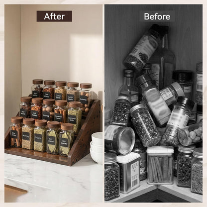 Oqqlin Wood 4 Tier Spice Rack, 13 x 10 x 6.5 Inch Wooden Tiered Spice Rack Rustic Wood Condiment Jar Display Riser Shelf for Countertop, Cabinet, Kitchen Organization (Dark Brown)