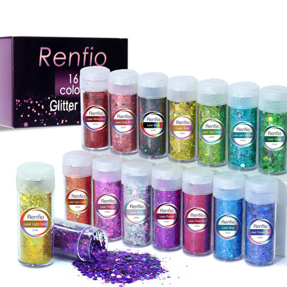 Renfio Holographic Chunky Glitter, 16 Colors Resin Glitter Set Each 10g/0.35oz PET Chunky Flakes Sequins Mix Fine Powder for Crafts, Resin Accessories, Snow Globe Tumbler Supplies, Nails