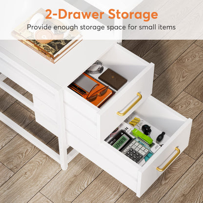 Tribesigns 55 Inch Computer Desk with 2 Drawers and Storage Shelves, Rustic Office Desk with Hutch, Study Writing Gaming Table Laptop Workstation for Home Office (White)