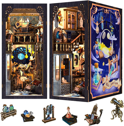 Fsolis Book Nook Kit, Bookshelf 3D Wooden Puzzles for Adults DIY Booknook Miniature Decorative Bookends with Light and Dust Cover Gifts for Women Readers Book Lovers (Nebula Common Room)