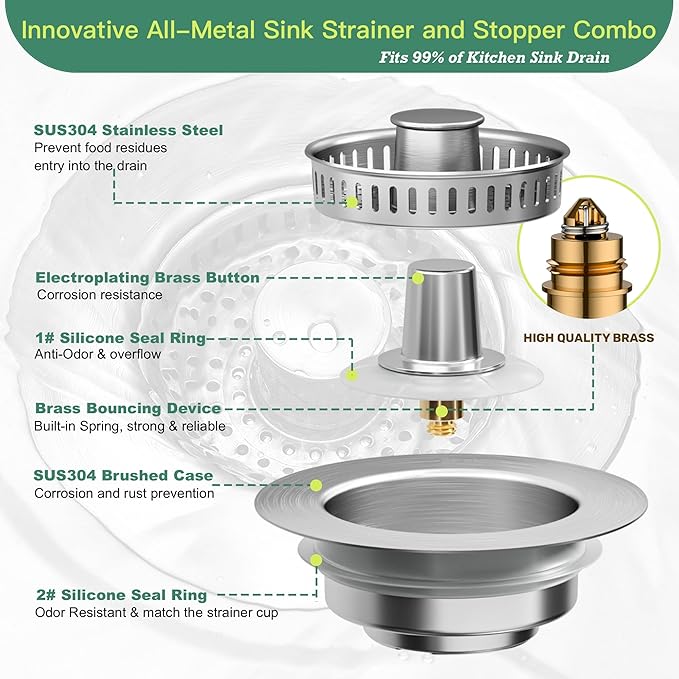 Kitchen Sink Drain Strainer 3 in 1, 304 Stainless Steel Pop Up Sink Stopper