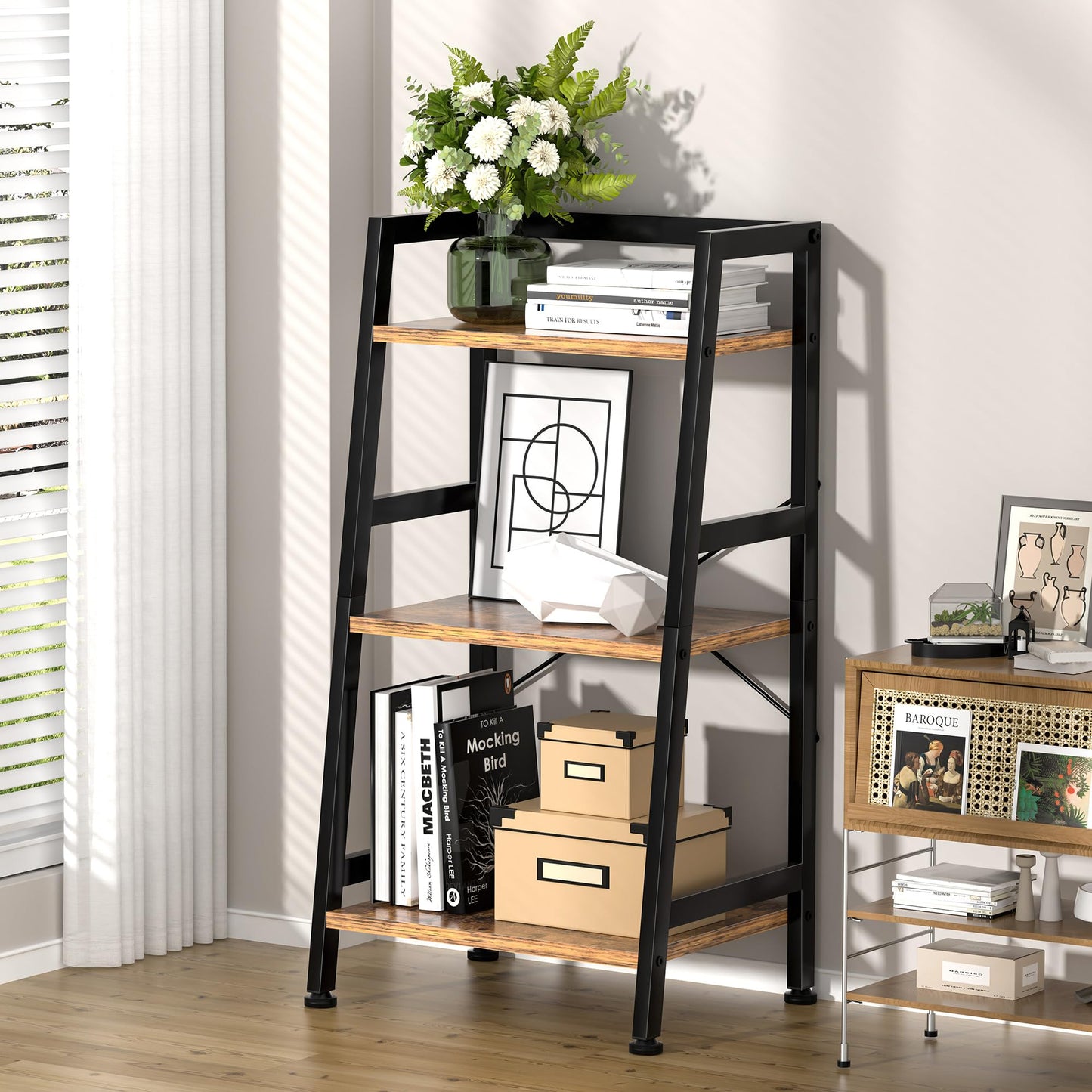 3-Tier Bookshelf, Ladder Shelf, Industrial Bookcase with Steel Frame, Metal Small Bookcase, stand up shelves for Living Room, Home Office, Kitchen, Bedroom, Industrial Style（Rustic Brown & Black）