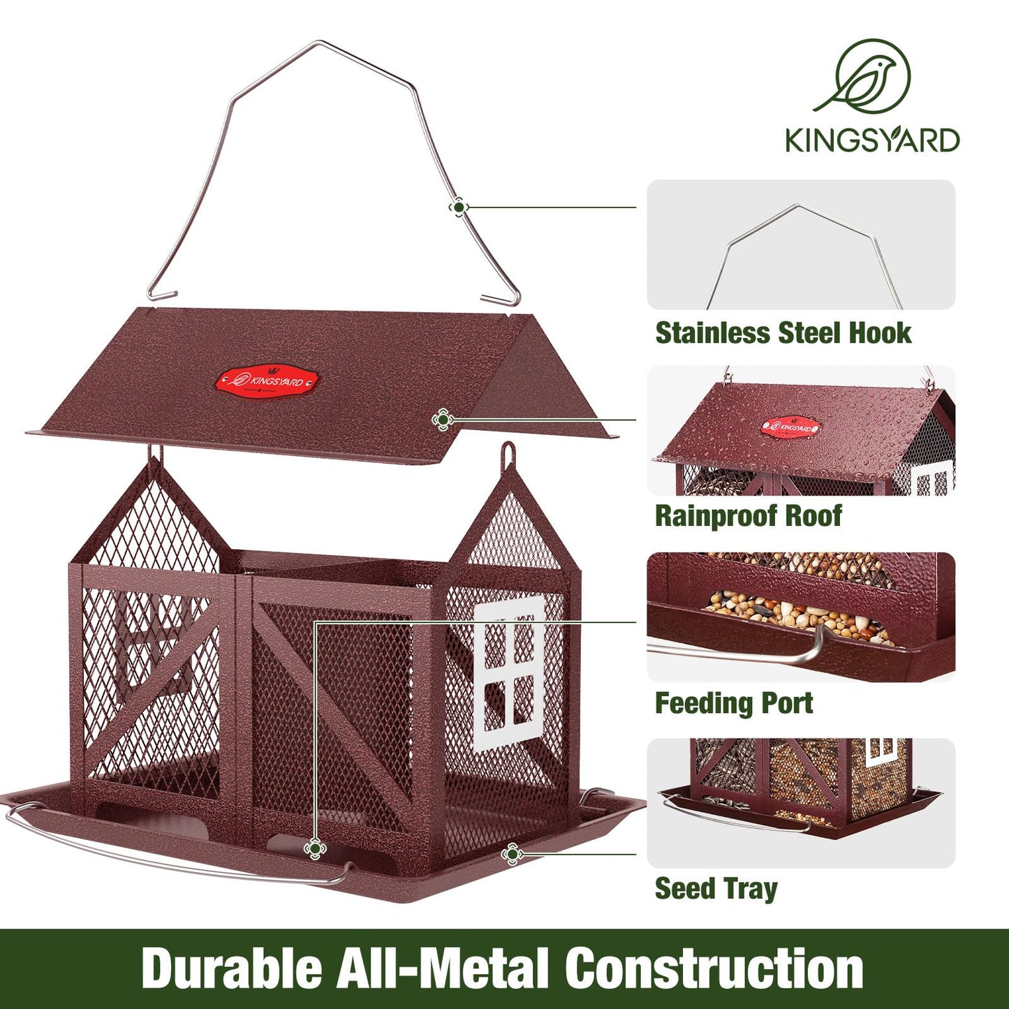 Kingsyard Metal Bird Feeder for Outdoors Hanging, 2-in-1 Wild Bird Feeder with Seed Tray & Built-in Perch, 5 lb Large Capacity for Cardinal Chickadee Finch, Bronze
