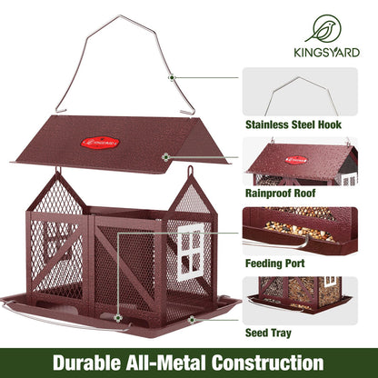 Kingsyard Metal Bird Feeder for Outdoors Hanging, 2-in-1 Wild Bird Feeder with Seed Tray & Built-in Perch, 5 lb Large Capacity for Cardinal Chickadee Finch, Bronze