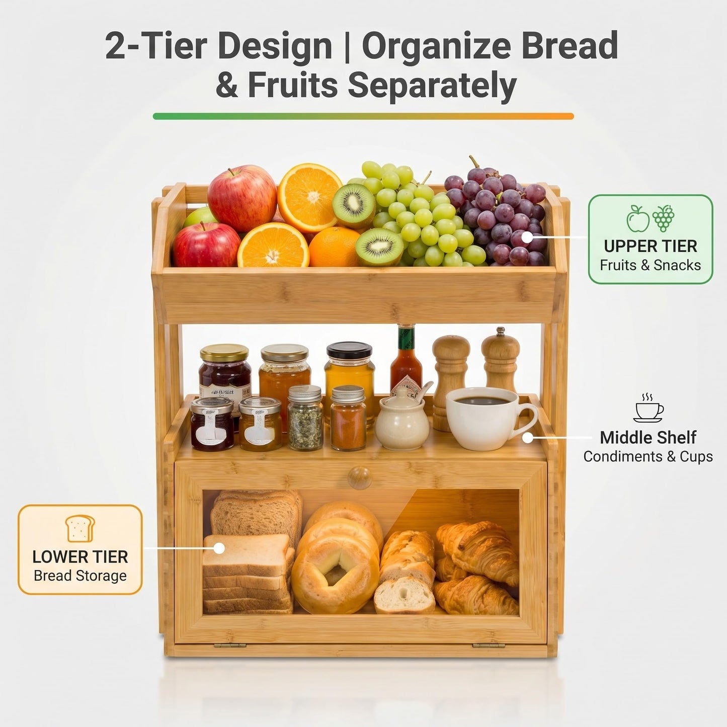 YanKiTour Bamboo Bread Box for Kitchen Countertop, 2 Tier Large Storage with Fruit Basket Top and Window, Farmhouse Organizer for Snacks & Vegetables