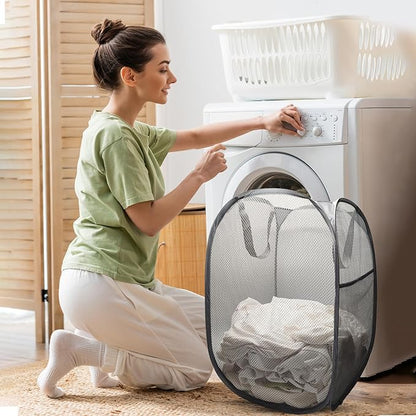The upgraded pop-up laundry basket features a breathable side pocket mesh design