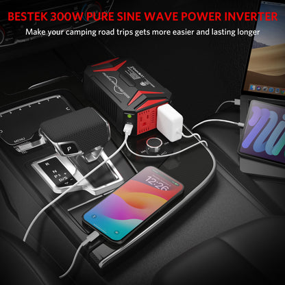 BESTEK 300W Pure Sine Wave Power Inverter - DC 12V to 110V AC Car Converter Plug Adapter Outlet with PD30W USB-C Fast Charger, Vehicle Cigarette Lighter Adapter for Laptop