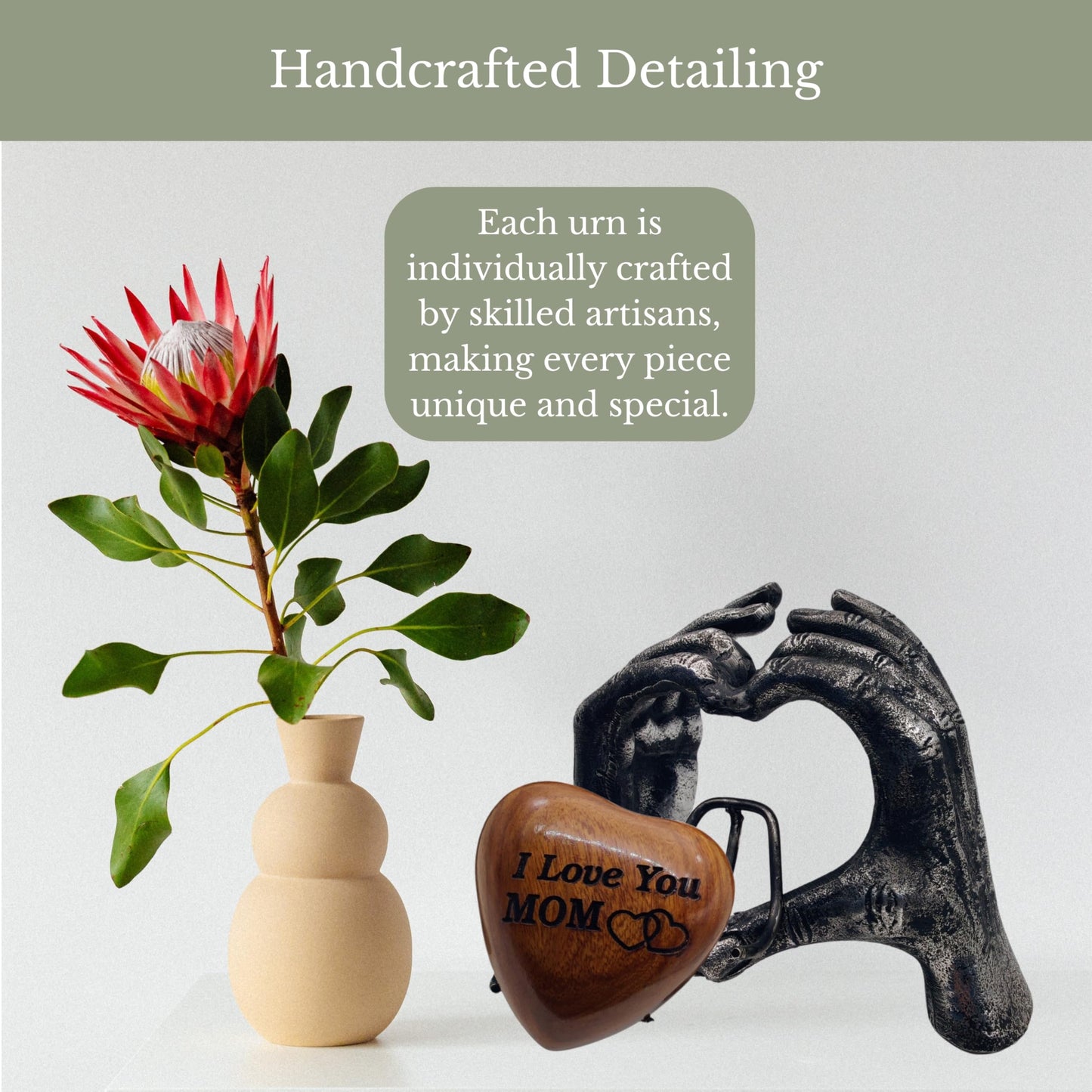 Wooden Heart Keepsake MOM Urn with Premium Display Hand Stand Engraved with I Love You MOM