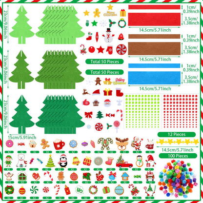 Moucuny 408 Pcs Christmas Tree DIY Craft Kits 3D Christmas Tree Felt Sets Xmas Felt Decorations with Elk Gingerbread Man Penguin Snowman Candy Wreath Stickers for Party Favors Activities