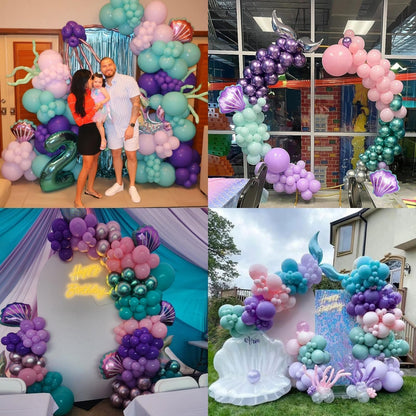 Mermaid Birthday Decoration for Girls,Metallic Purple Pink Green Blue Latex Balloons Seashell Foil Balloons Banner Cake Topper Mermaid Sea Decorations