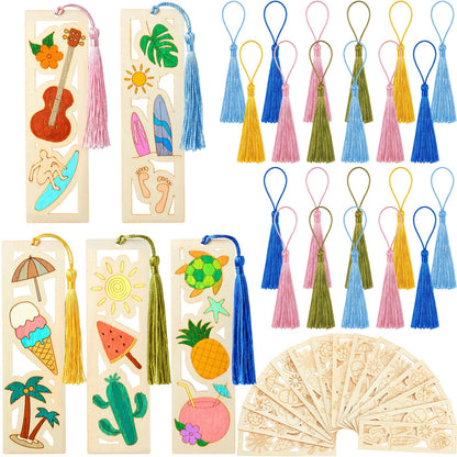 Yexiya 100 Pcs Bulk DIY Wooden Bookmarks Kit - 50 Set Tropical Hawaii Unfinished Wood Crafts with 50 Colorful Tassels for Classroom Rewards, Student Gifts, Summer Camp, Luau Party Favors, Art Projects