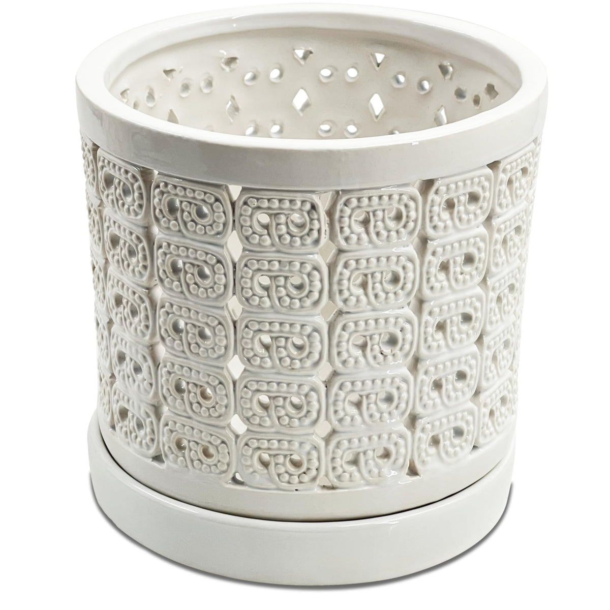 DESQUIGGLE White Ceramic Orchid Planter, 6 Inches Wide, Large Orchid Pots with Holes for Indoors Or Outdoors with Swirl Cut Out Pattern, Orchid Gifts